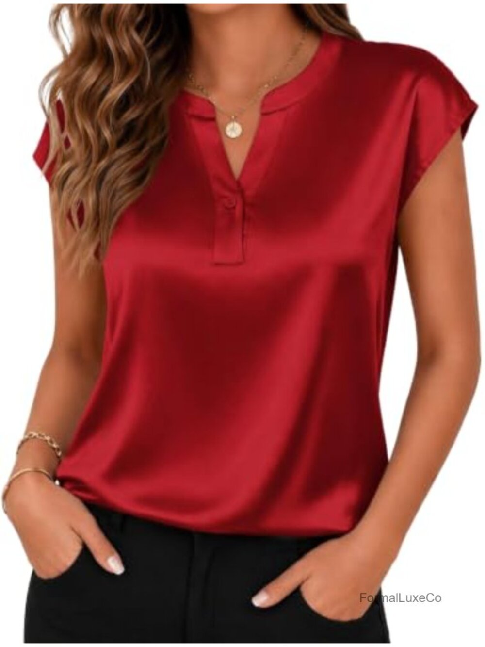 Satin Blouse V Neck Cap Sleeve Business Casual Top